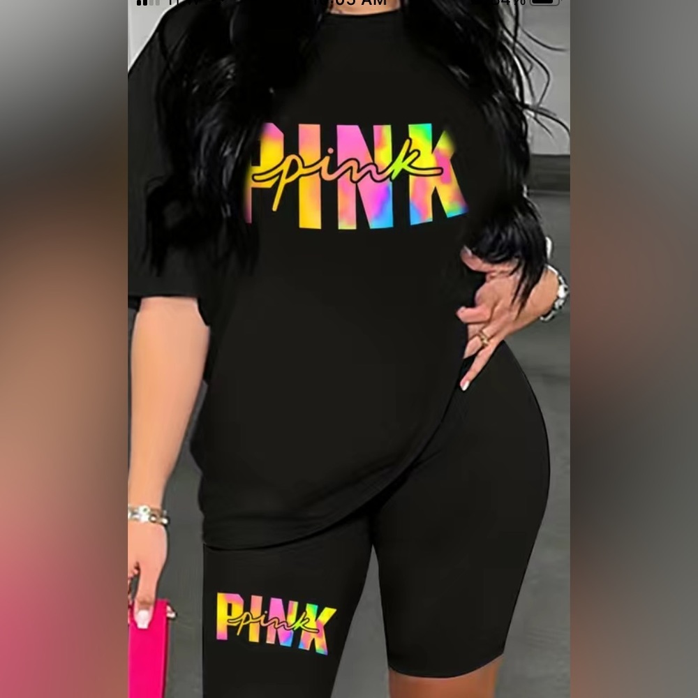 🆕 Ladies Black Multi-Colored Short Set. Shorts are Legging Material. Large